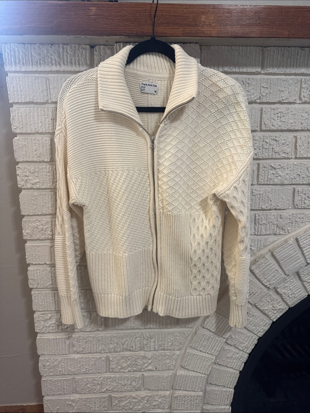 Frank & Oak Cream Textured Zip-Up Cardigan Sweater